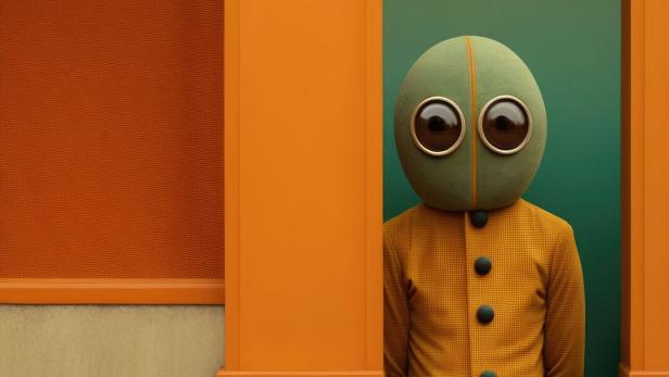 Eine Person mit großem, rundem Kopf und riesigen Augen trägt einen gelben Mantel und steht vor orange-grünem Hintergrund.