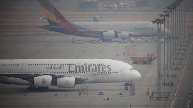 FILE PHOTO: An Emirates Airbus A380 aircraft that has remained parked at Incheon International Airport after the flight was cancelled, amid the U.S.-Israel conflict with Iran