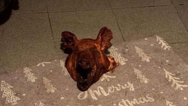 Schweinekopf auf einer Türmatte