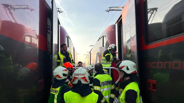 Mehrere Feuerwehrleute stehen zwischen zwei haltenden Zügen und unterstützen bei einer Evakuierung.