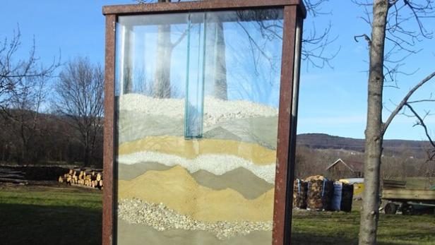 Eine Schauvitrine im Freien zeigt verschiedene Erd- und Gesteinsschichten übereinander angeordnet.