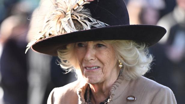 Königin Camilla mit großem Hut mit Federn beim Cheltenham Festival.