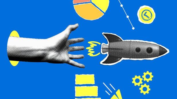 Eine Hand greift nach einer startenden Rakete, umgeben von Diagrammen, Zahnrädern und Symbolen für Wachstum und Erfolg.