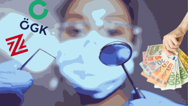 Illustration einer Zahnärztin mit Instrumenten, Geldscheinen und Logos von ÖGK und Zahnärztekammer.