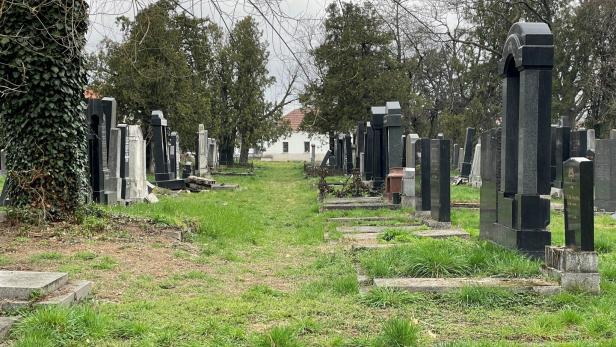Reihen von Grabsteinen stehen auf einem grasbewachsenen Friedhof, im Hintergrund sind Bäume und ein weißes Gebäude zu sehen.