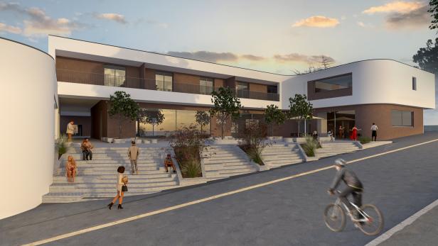 So soll das neue Gemeindezentrum samt Wohnbau aussehen.