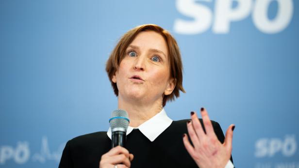 Elke Hanel-Torsch spricht vor einem hellblauen SPÖ-Hintergrund.