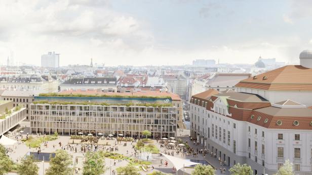 Heumarkt-Visualisierung mit Menschen, Bäumen und Gebäuden erstreckt sich vor einer Stadtkulisse.
