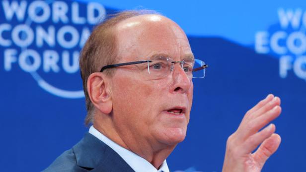 Ein Mann im Anzug spricht gestikulierend vor blauem Hintergrund mit der Aufschrift „World Economic Forum“.