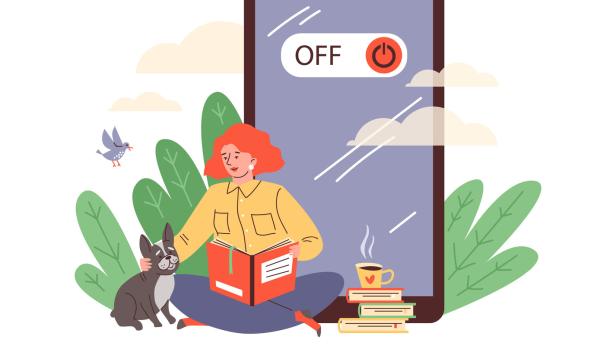 Grafik die eine Frau mit Buch und Hund und Kaffee zeigt, dahinter ein riesiges Handy, auf dem Off steht