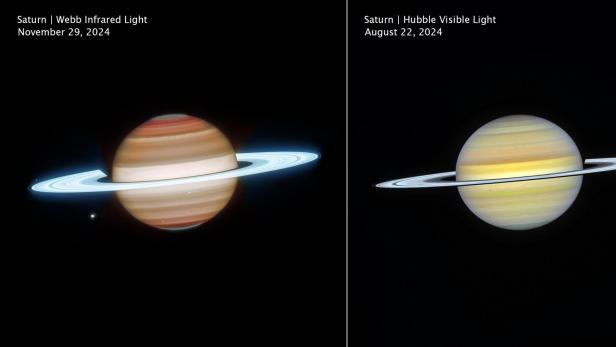 Links das Infrarotbild des James Webb Teleskop, rechts das Hubble-Bild in sichtbarem Licht