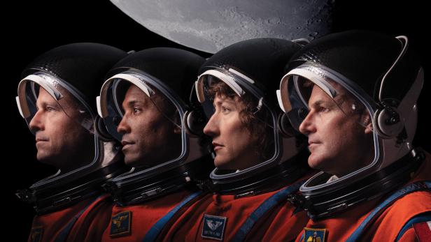 Die Artemis-II-Crew (v.l.n.r.): Reid Wiseman, Victor Glover, Christina Koch und Jeremy Hansen (Kanada)