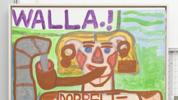 Das Gemälde zeigt eine naive, farbenfrohe Figur mit Textfragmenten wie "WALLA", "CDU" und Namen.