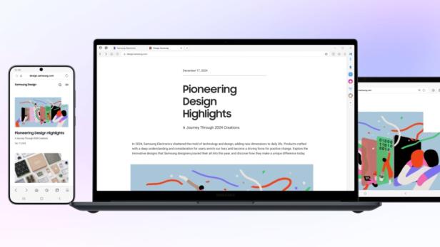 Smartphone, Laptop und Tablet mit derselben Webseite und bunten Illustrationen auf den Bildschirmen.