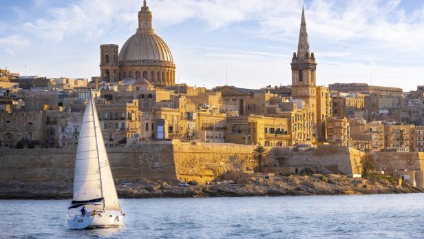 Malta - Mediterranean travel destination, Marsamxett Harbour and Valletta with Cathedral of Saint Paul
