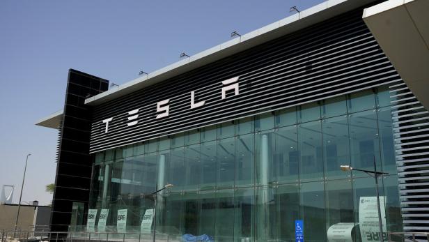 General view of a TESLA car showroom in Riyadh