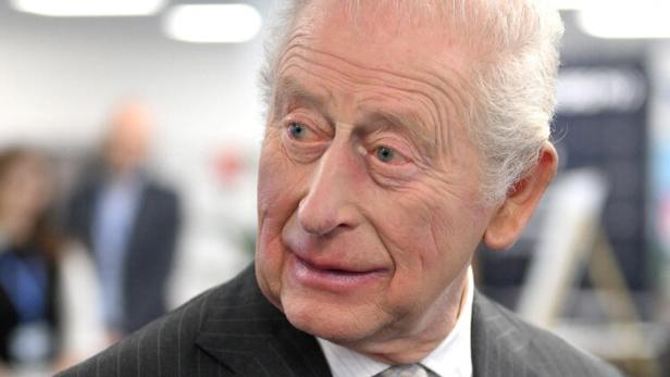 König Charles III. im dunklen Nadelstreifenanzug und gemusterter Krawatte blickt zur Seite.