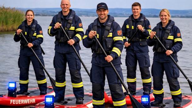 Fünf Feuerwehrleute stehen in Uniform auf roten SUP-Boards mit Blaulicht auf einem See.