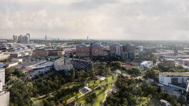 Grünflächen das Gasometervorfelds im Wiener Bezirk Simmering