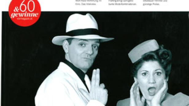 Ein Mann mit Hut und eine Frau mit überraschtem Gesichtsausdruck auf dem Cover des VOR Magazins für „Guys and Dolls“.
