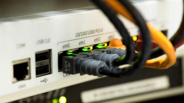 Mehrere Netzwerkkabel sind an die Ethernet-Ports eines Routers angeschlossen.
