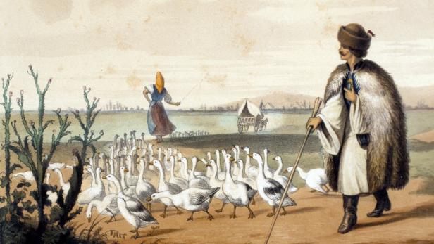 Ungarn - Gaensetreiber und eine Schar Gaense