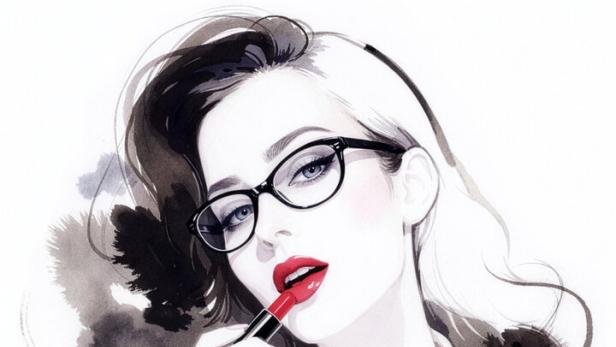 Eine Frau mit Brille und rotem Lippenstift schminkt sich vor einem Videoanruf.