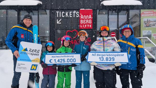 Sechs Personen in Winterkleidung stehen im Schnee vor einem Ticketschalter und halten Schilder mit Zahlen und Förderbeträgen.
