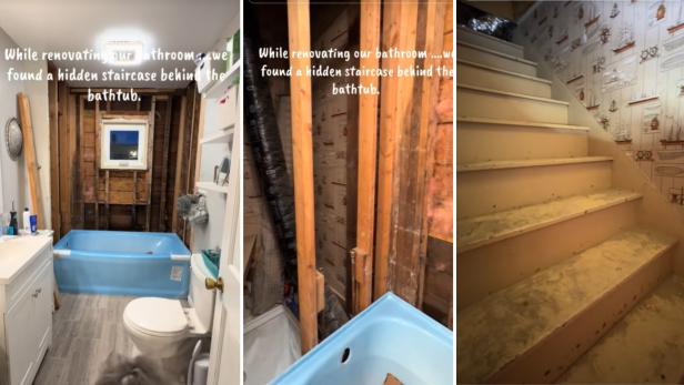 Drei Fotos zeigen ein renoviertes Bad, eine entdeckte Wandöffnung und eine versteckte Treppe.