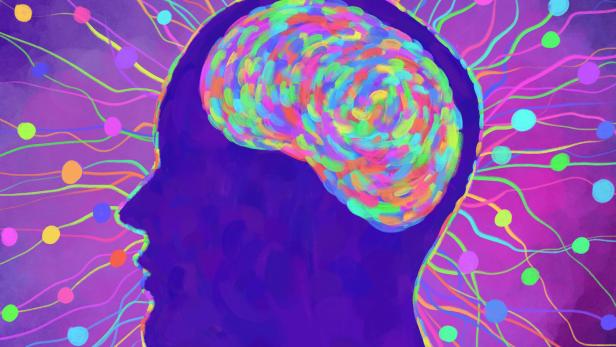 Human profile illustration. Brain, mental activity, mental activity. Brain nerves.