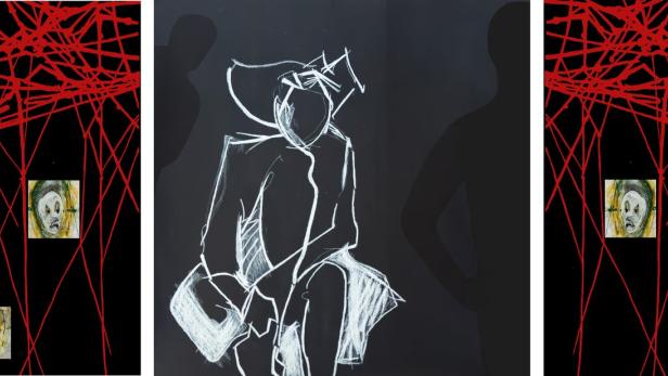 Schwarzer Hintergrund mit roten Linien, kleinen gezeichneten Gesichtern und einer weißen, skizzenhaften Figur in der Mitte.