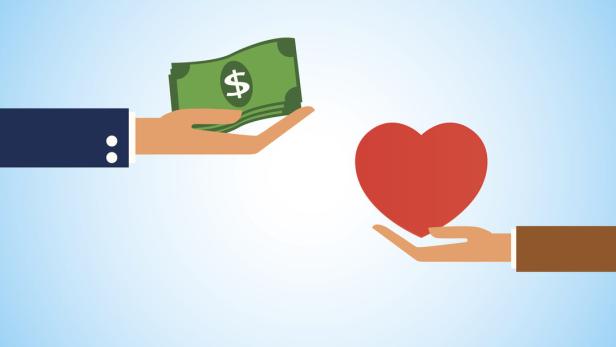 Eine Hand hält Geldscheine, die andere Hand hält ein rotes Herz, beide reichen sich gegenseitig die Gegenstände.