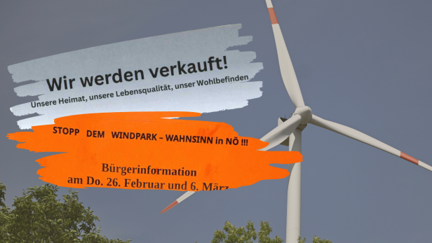 Ein Windrad mit dem Faksimile von Flugblattüberschriften gegen Windkraft