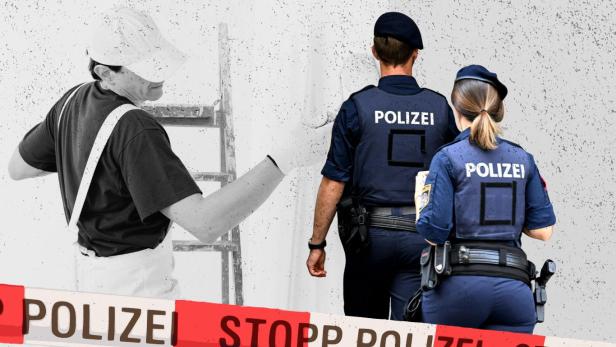 Polizisten gehen auf einen Maler zu