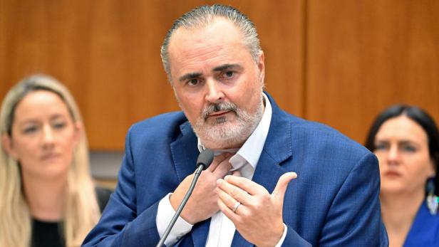 Doskozil spricht vor einem Mikrofon, mit zwei Personen im Hintergrund.