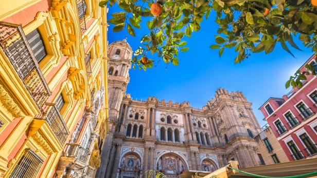 Malaga cathedral and square colofrul architecture street view