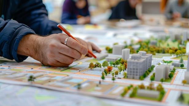 Eine Person zeichnet auf einem Modell einer Stadt.
