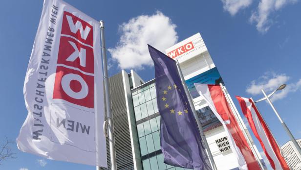 Mehrere Fahnen, darunter die der Wirtschaftskammer Wien, der EU und Österreichs, wehen vor einem modernen Gebäude bei blauem Himmel.