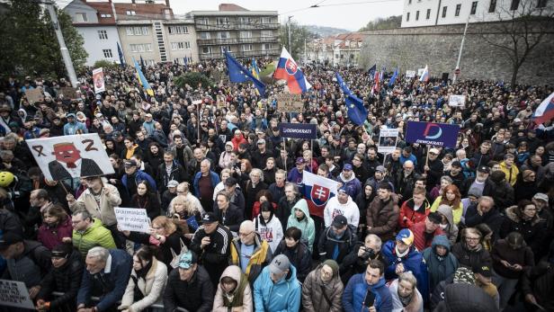Eine große Menschenmenge demonstriert mit Flaggen und Schildern in einer Stadt.