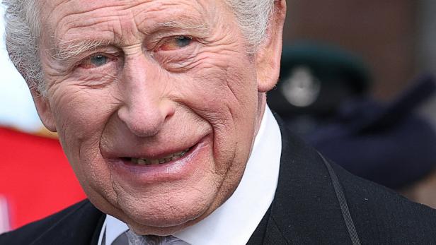 Nahaufnahme von König Charles III., der lächelt und einen Anzug mit Krawatte trägt.