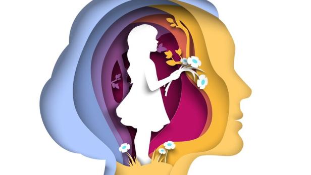 Little girl inside head of woman papercut vector illustration