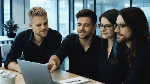 Vier Personen sitzen um einen Tisch und schauen gemeinsam auf einen Laptop.