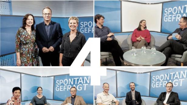 Vier Gesprächsrunden mit jeweils mehreren Personen sitzen in einem modernen Studio mit der Aufschrift „Spontan gefragt“.