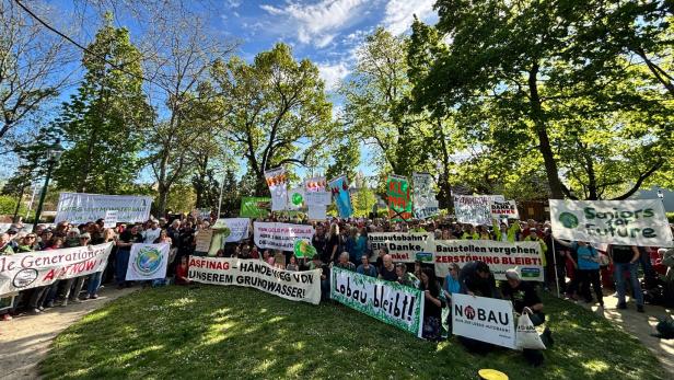 Demonstranten mit Plakaten in einem Park. 