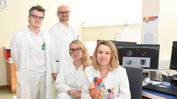 Vier Personen in weißen Kitteln, zwei sitzen, zwei stehen, eine hält ein anatomisches Herzmodell, im Hintergrund Computer mit medizinischen Bildern.