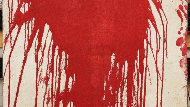 Großformatiges Schüttbild von Hermann Nitsch aus dem Jahr 1961 mit roter Dispersion auf Jute, das die expressive Kraft und Provokation seines Frühwerks im Wiener Aktionismus Museum zeigt.