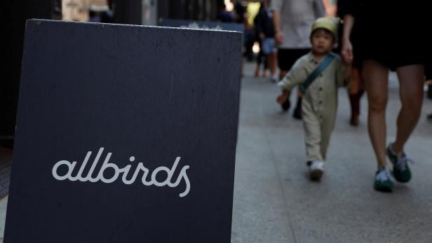 A sign on the entrance to the Allbirds flagship store is seen in Manhattan, New York City