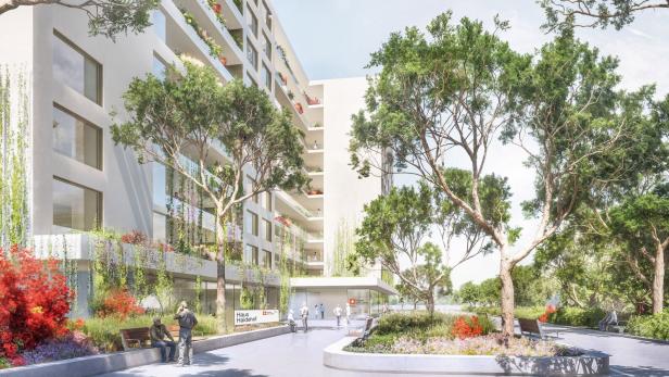 Mehrstöckiges modernes Gebäude mit großen Fenstern, umgeben von Bäumen, Blumenbeeten und Sitzbänken, Menschen im Außenbereich.