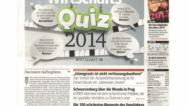 Schlagzeile vom 27.12.2014Wirtschafts Quiz 2014Kurier