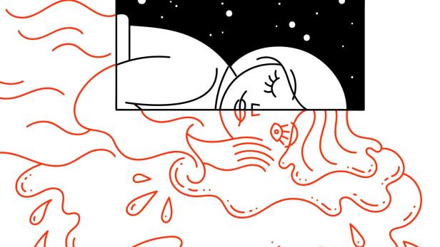 Illustration zum Thema Wechseljahre, eine Frau liegt in der Ncht wach
